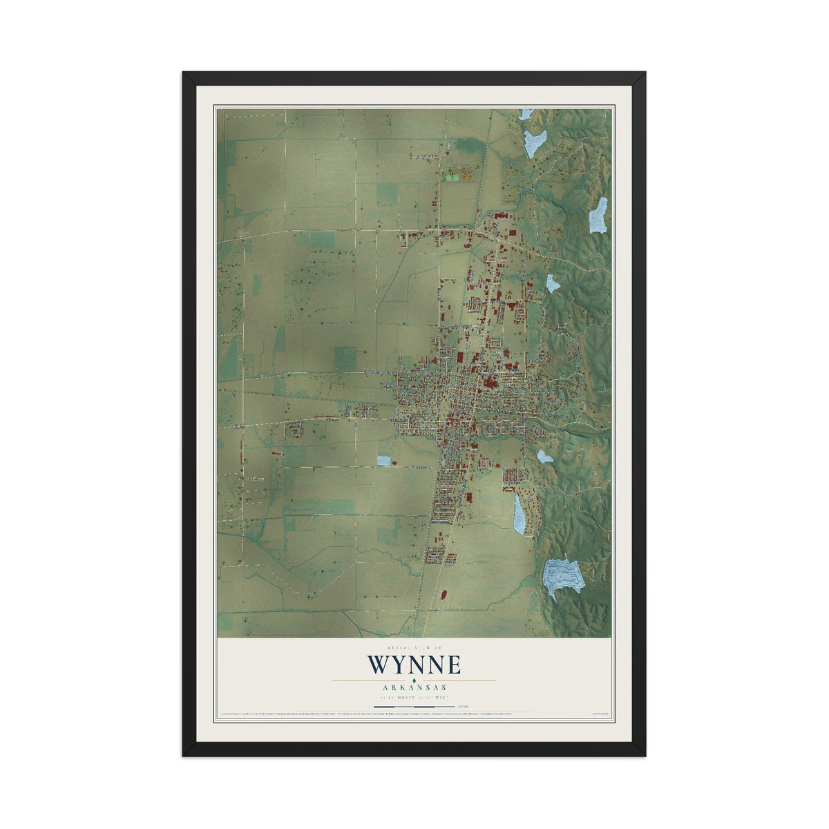 Map of Wynne, Arkansas, 12 x 18 inch print in a black wood frame