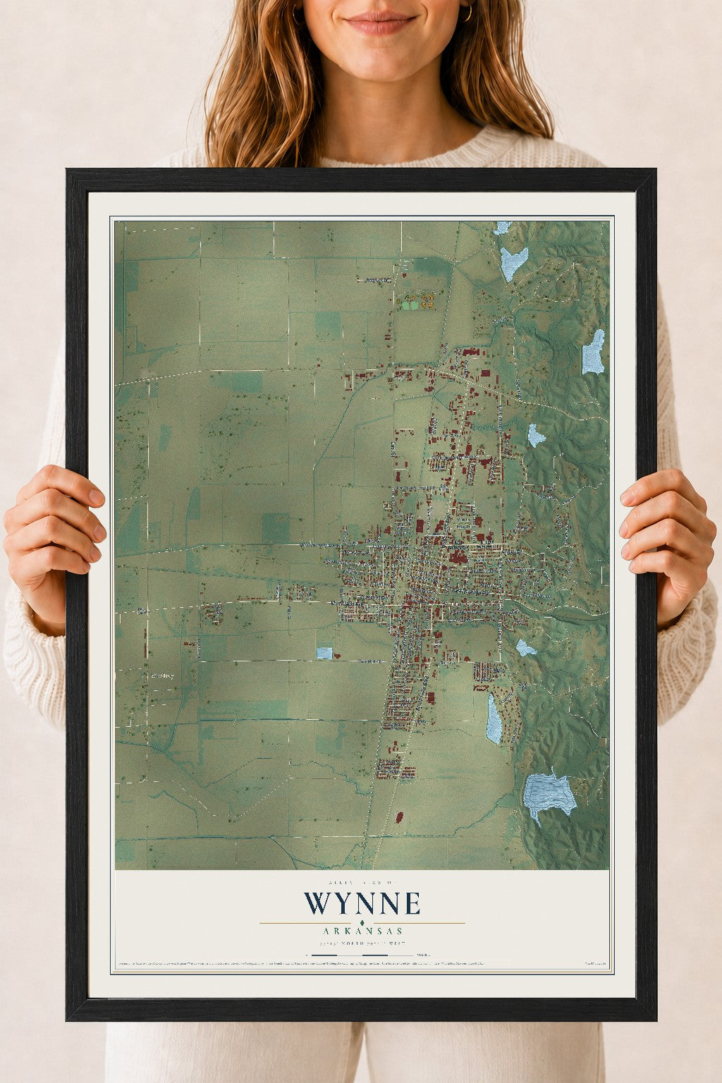 Map of Wynne, Arkansas, 18 x 24 inch print in a black wood frame