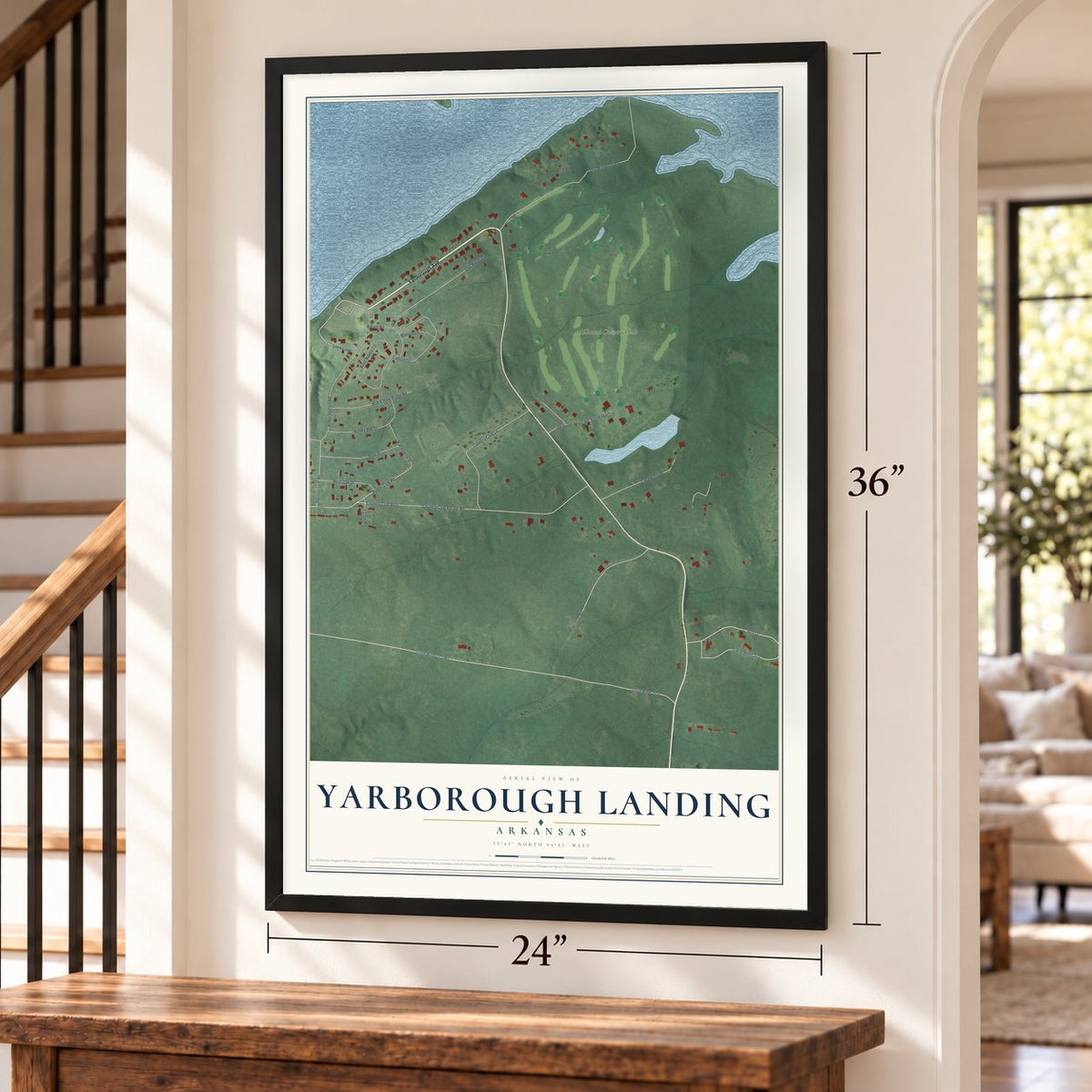 Yarborough Landing, Arkansas map, 24 x 36 inch print in a black frame by a staircase