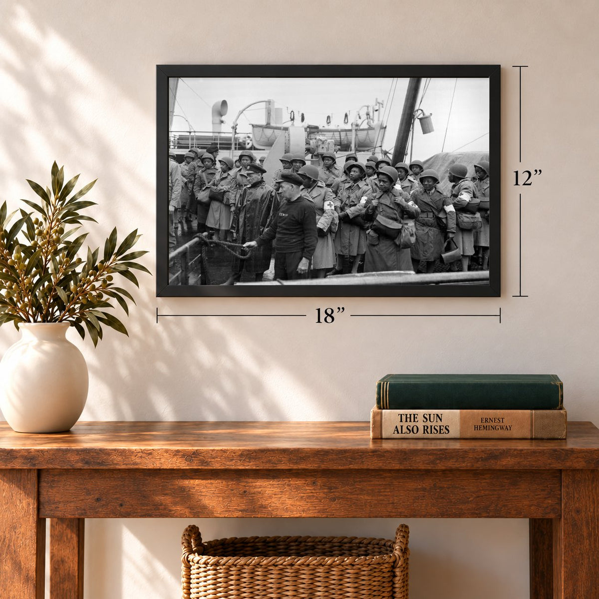 Army Nurses at Greenock, Scotland, 1944, 12 x 18 inch vintage photo print in a black frame in an entryway