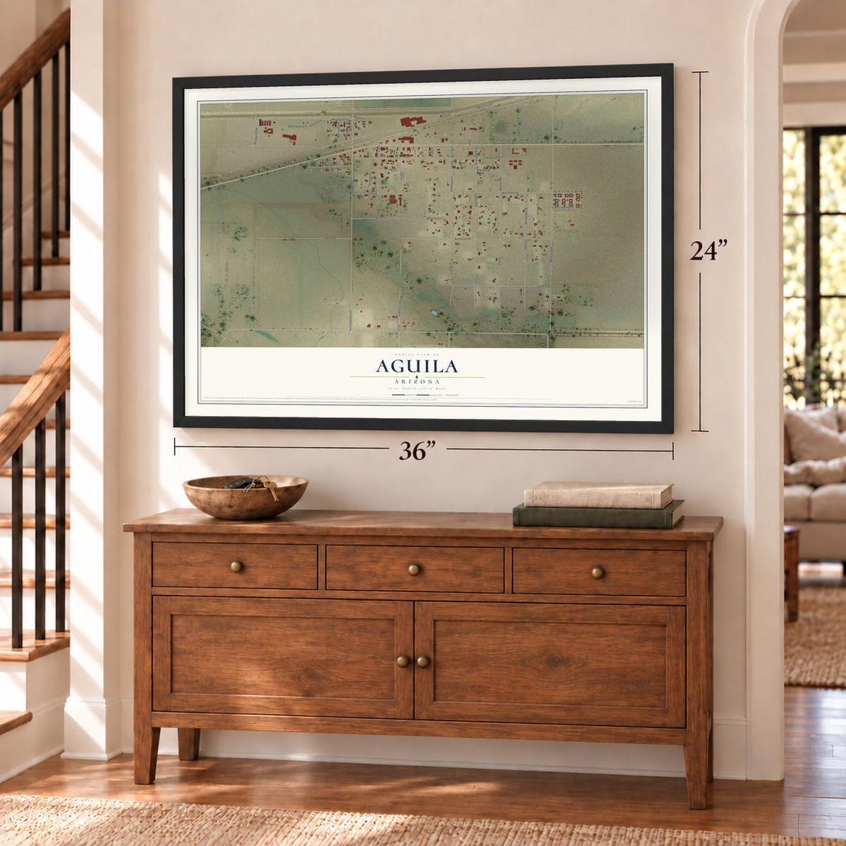 Aguila, Arizona map, 24 x 36 inch print in a black frame above a dresser by a staircase