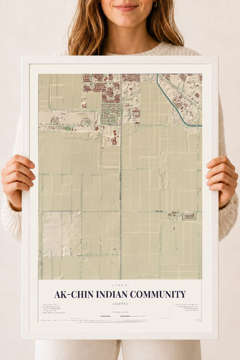 Ak-Chin Indian Community, Arizona map print, 18" x 24", W/ White Ayous Wood Frame