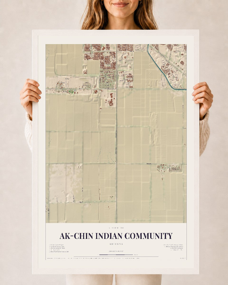 Ak-Chin Indian Community, Arizona map print, 24" x 36", W/ White Ayous Wood Frame