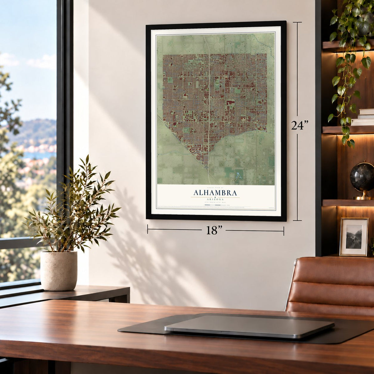 Alhambra, Arizona map, 18 x 24 inch print in a black frame in a home office