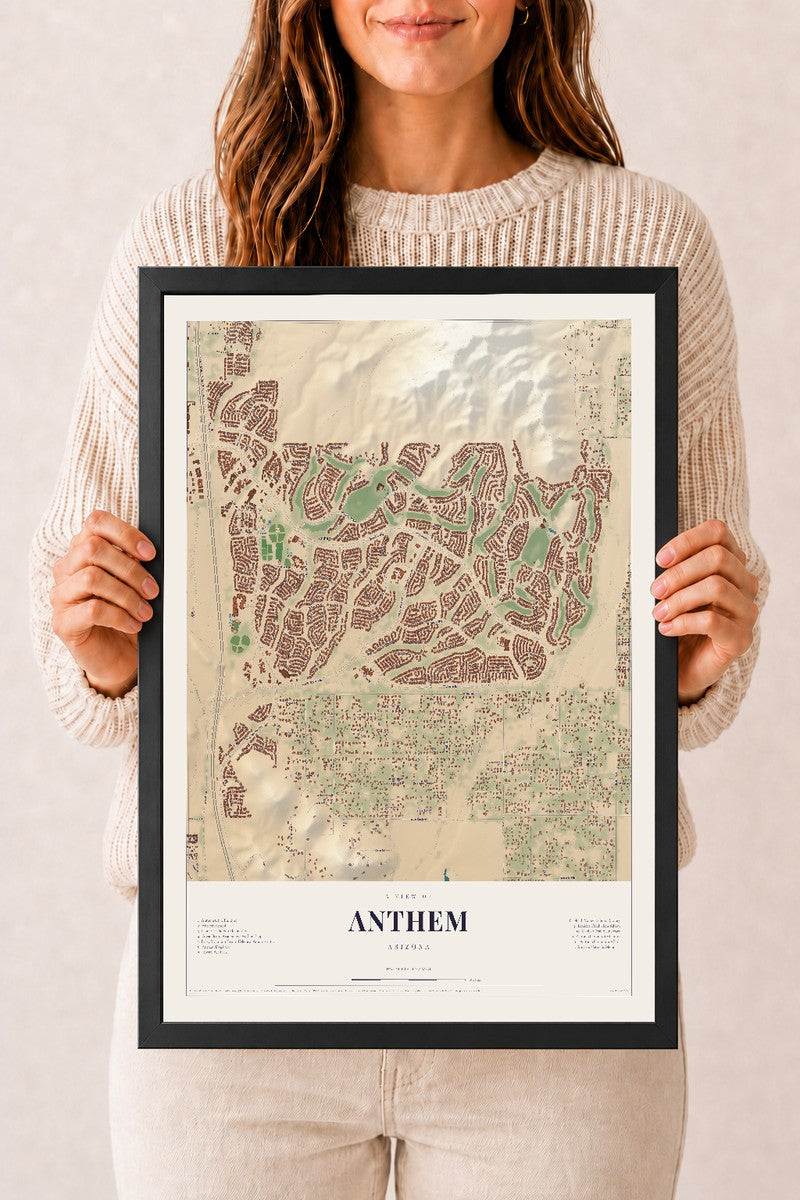 Anthem, Arizona map print, 12" x 18", W/ Black Ayous Wood Frame