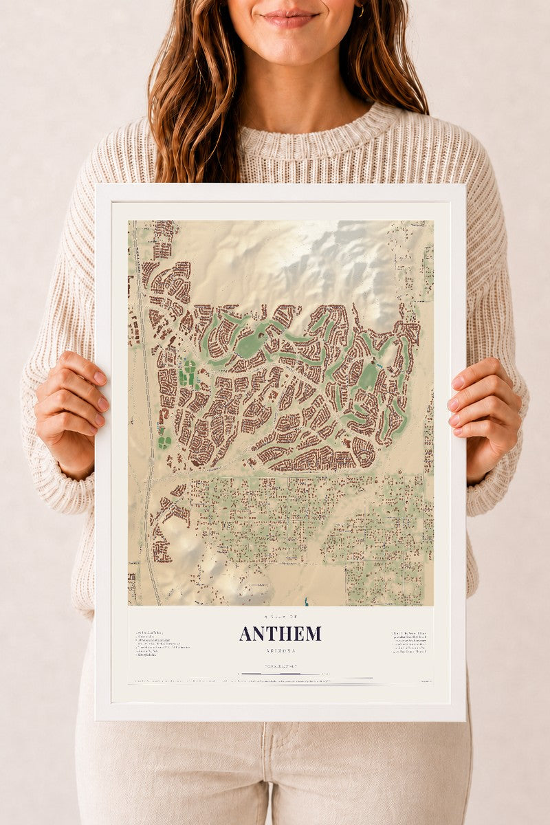 Anthem, Arizona map print, 12" x 18", W/ White Ayous Wood Frame