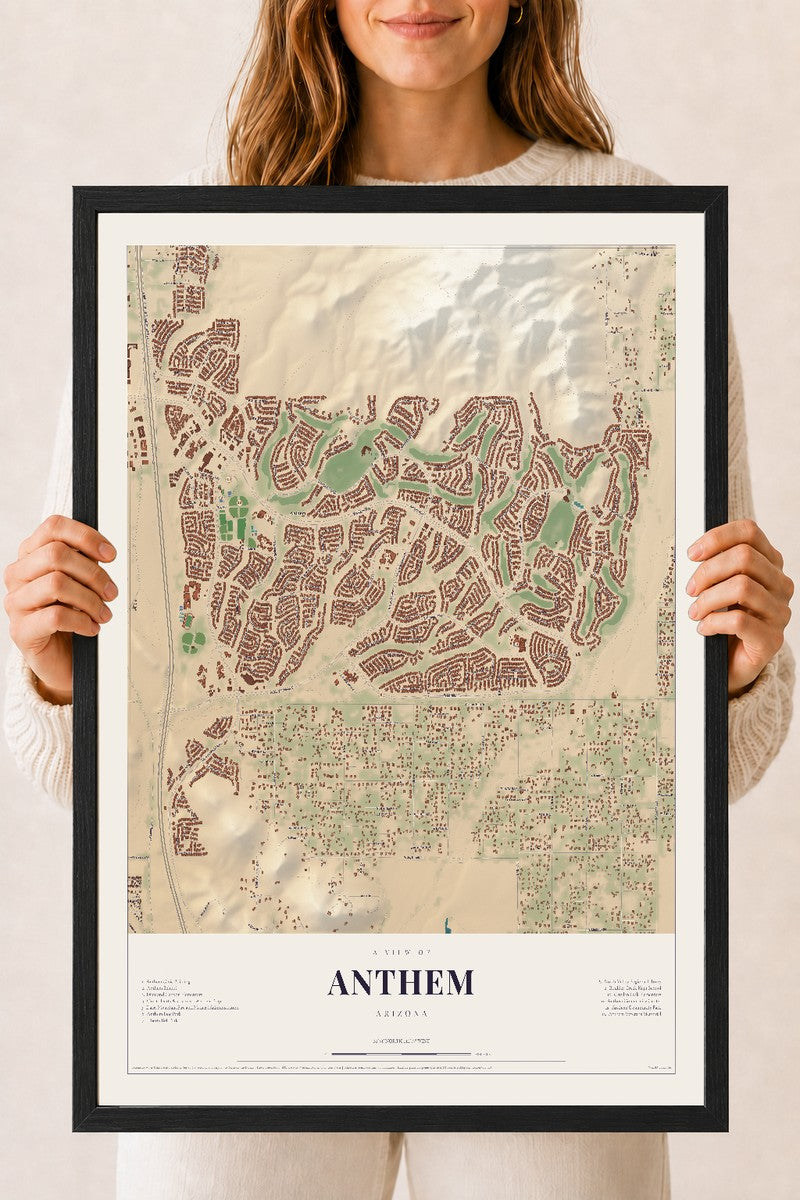 Anthem, Arizona map print, 18" x 24", W/ Black Ayous Wood Frame