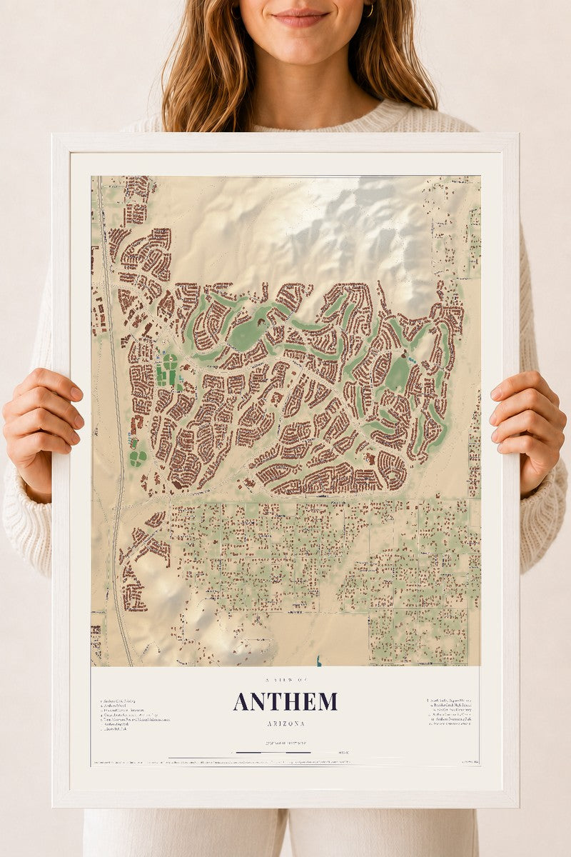 Anthem, Arizona map print, 18" x 24", W/ White Ayous Wood Frame