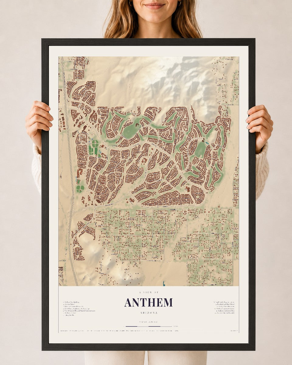 Anthem, Arizona map print, 24" x 36", W/ Black Ayous Wood Frame