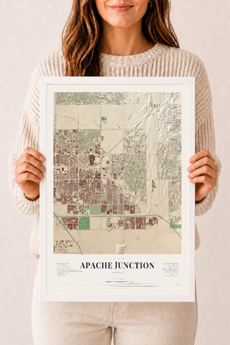 Apache Junction, Arizona map print, 12" x 18", W/ White Ayous Wood Frame