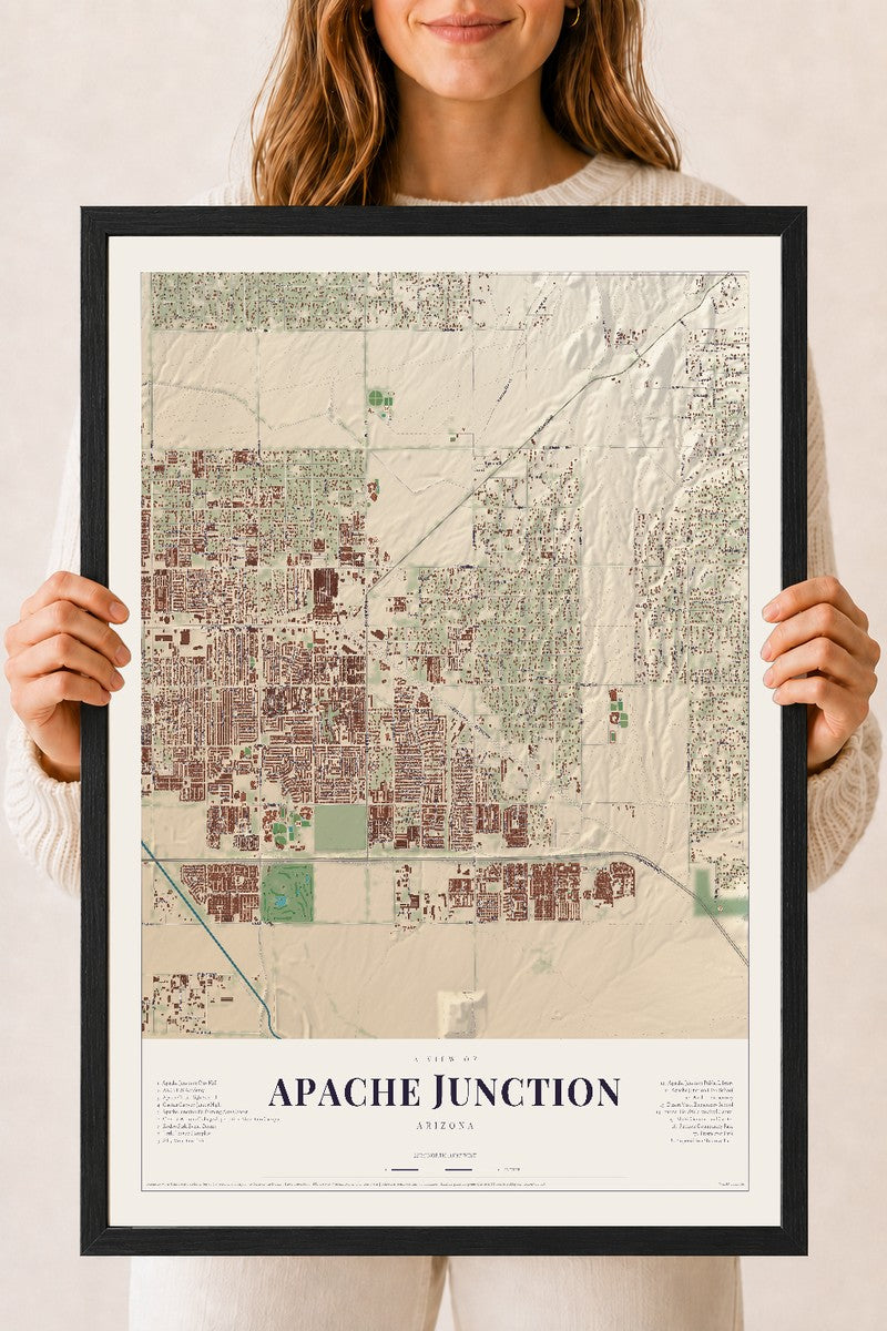 Apache Junction, Arizona map print, 18" x 24", W/ Black Ayous Wood Frame