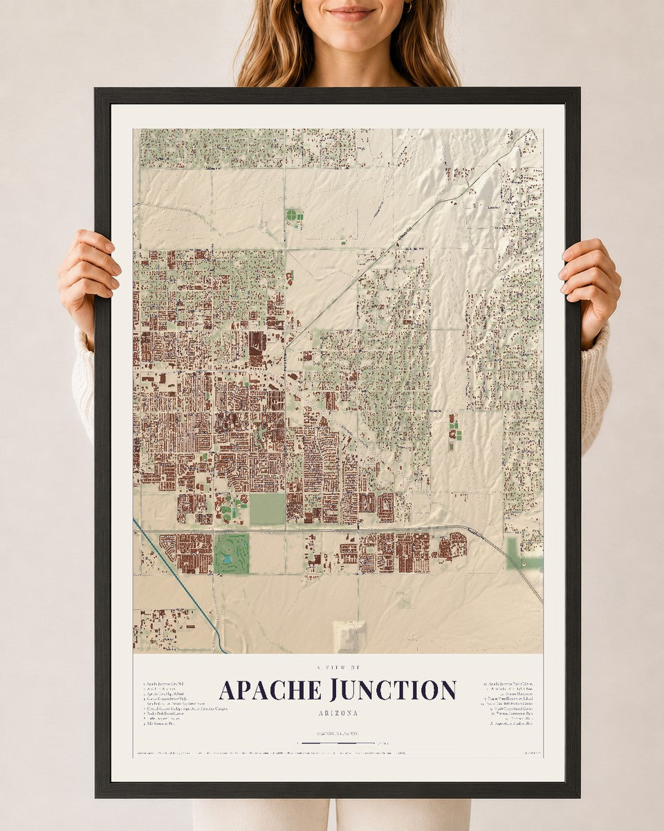 Apache Junction, Arizona map print, 24" x 36", W/ Black Ayous Wood Frame
