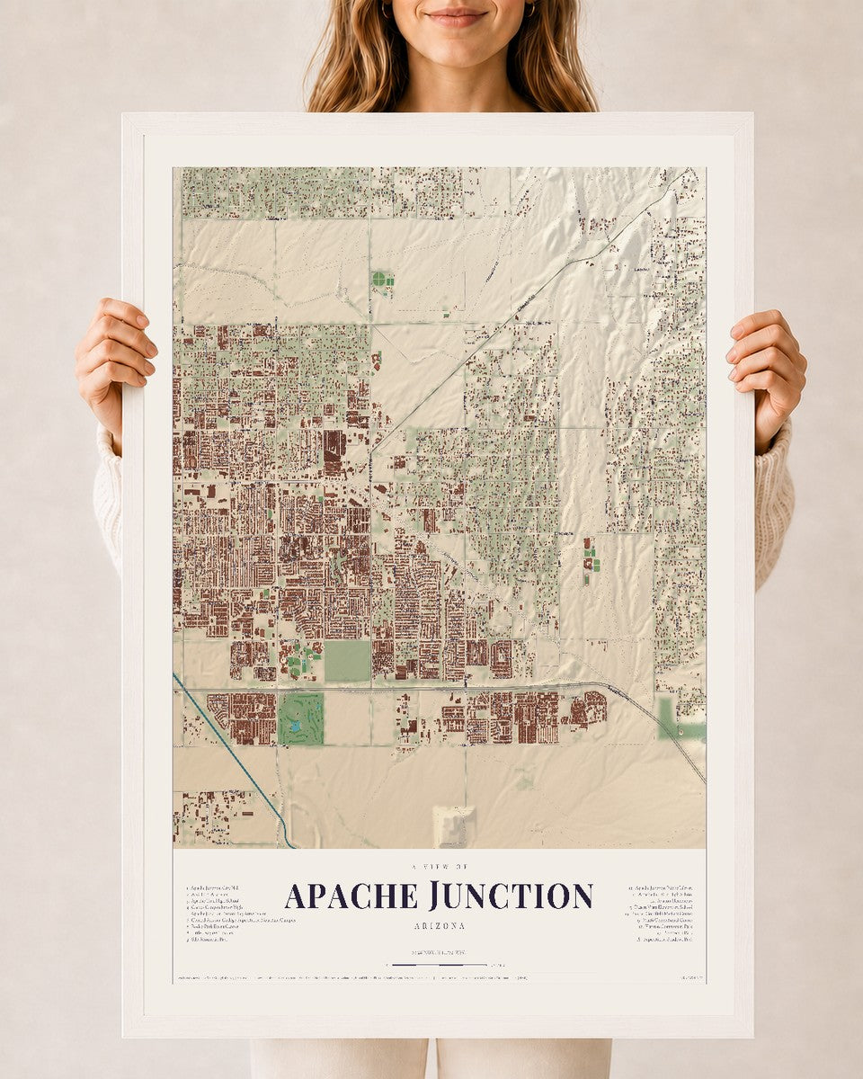 Apache Junction, Arizona map print, 24" x 36", W/ White Ayous Wood Frame