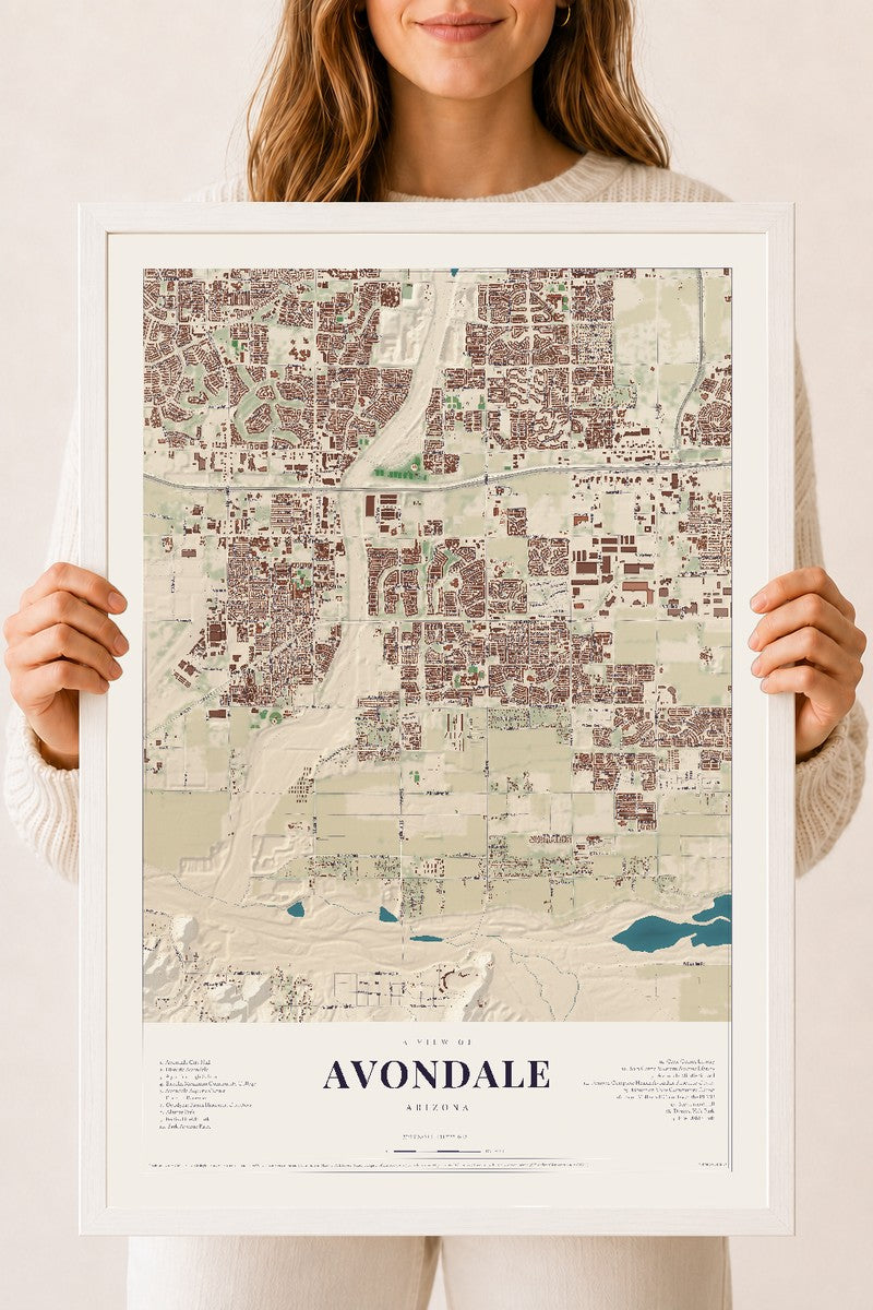 Avondale, Arizona map print, 18" x 24", W/ White Ayous Wood Frame