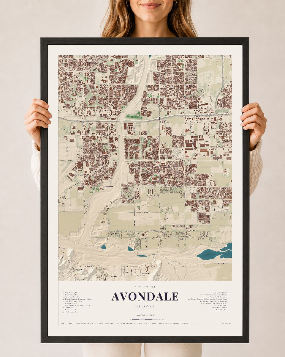 Avondale, Arizona map print, 24" x 36", W/ Black Ayous Wood Frame