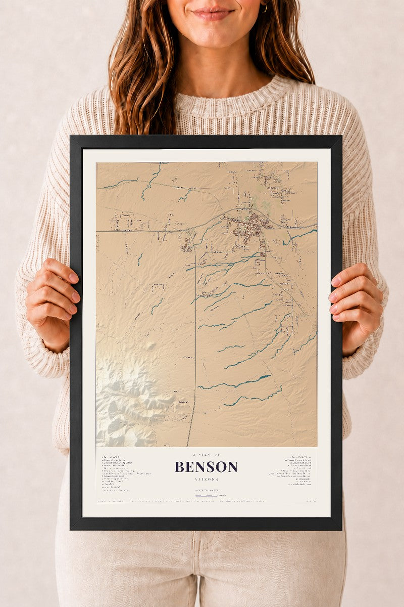 Benson, Arizona map print, 12" x 18", W/ Black Ayous Wood Frame