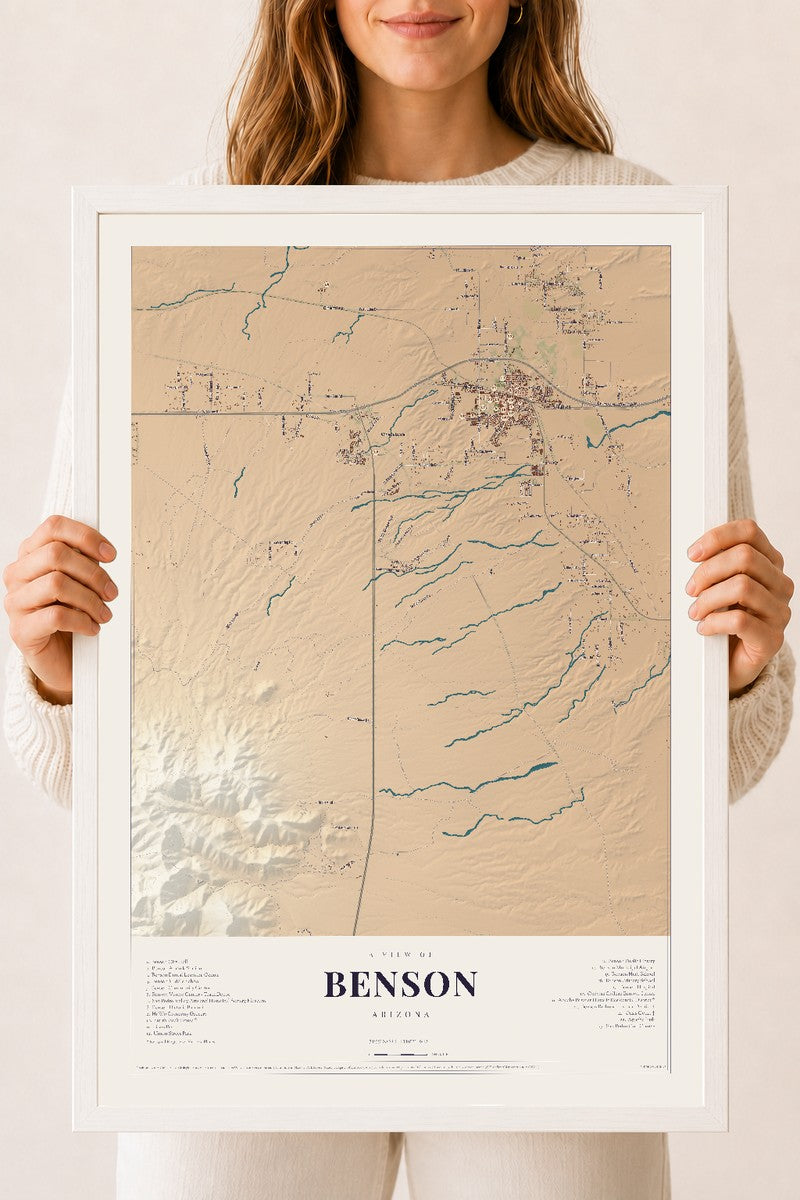 Benson, Arizona map print, 18" x 24", W/ White Ayous Wood Frame