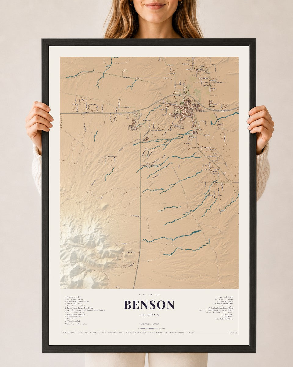 Benson, Arizona map print, 24" x 36", W/ Black Ayous Wood Frame