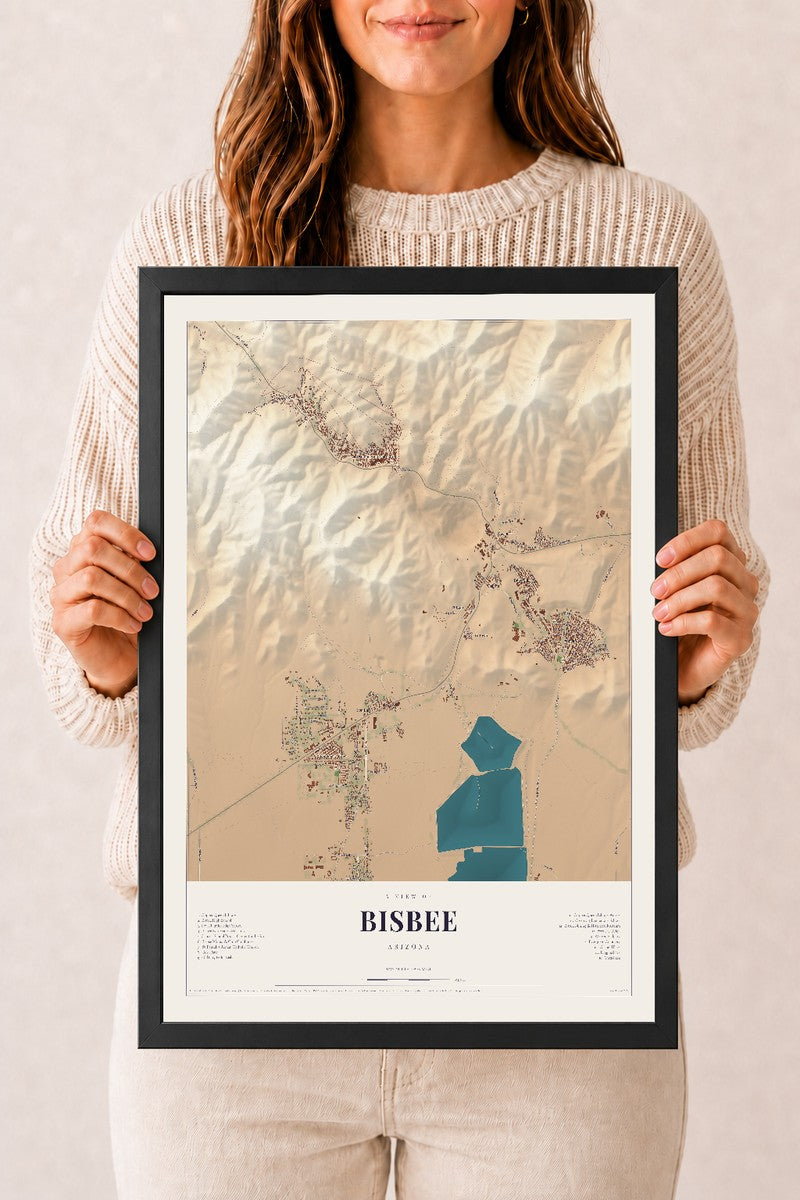 Bisbee, Arizona map print, 12" x 18", W/ Black Ayous Wood Frame