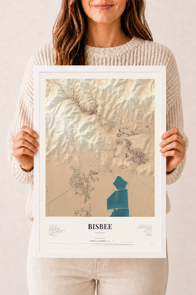 Bisbee, Arizona map print, 12" x 18", W/ White Ayous Wood Frame