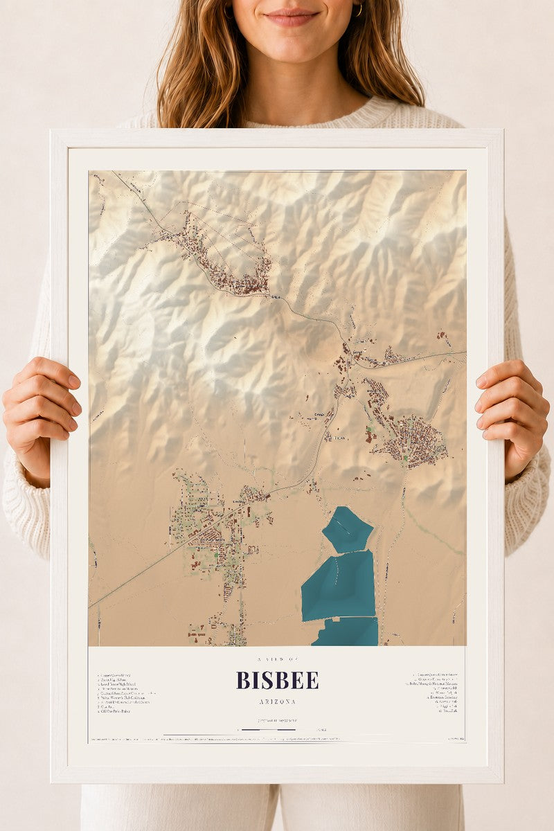 Bisbee, Arizona map print, 18" x 24", W/ White Ayous Wood Frame