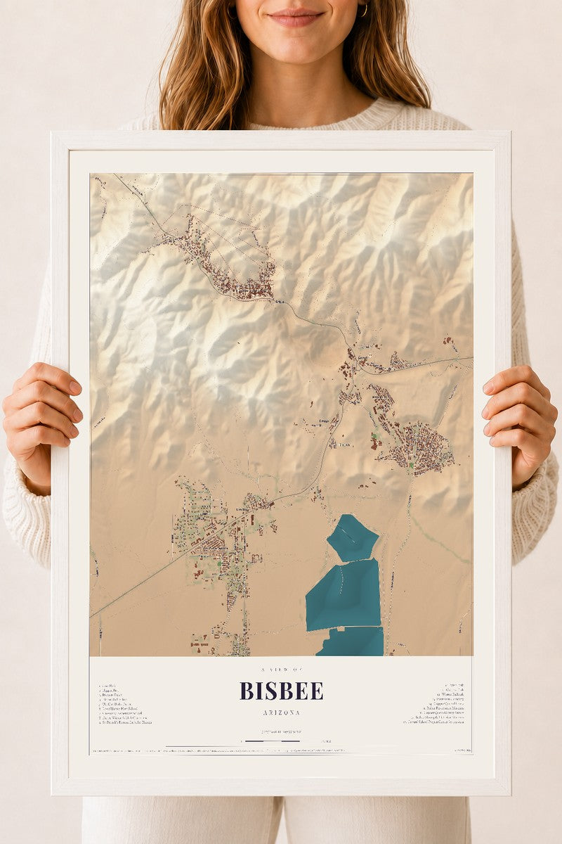 Map of Bisbee, Arizona, 18 x 24 inch print in a white wood frame