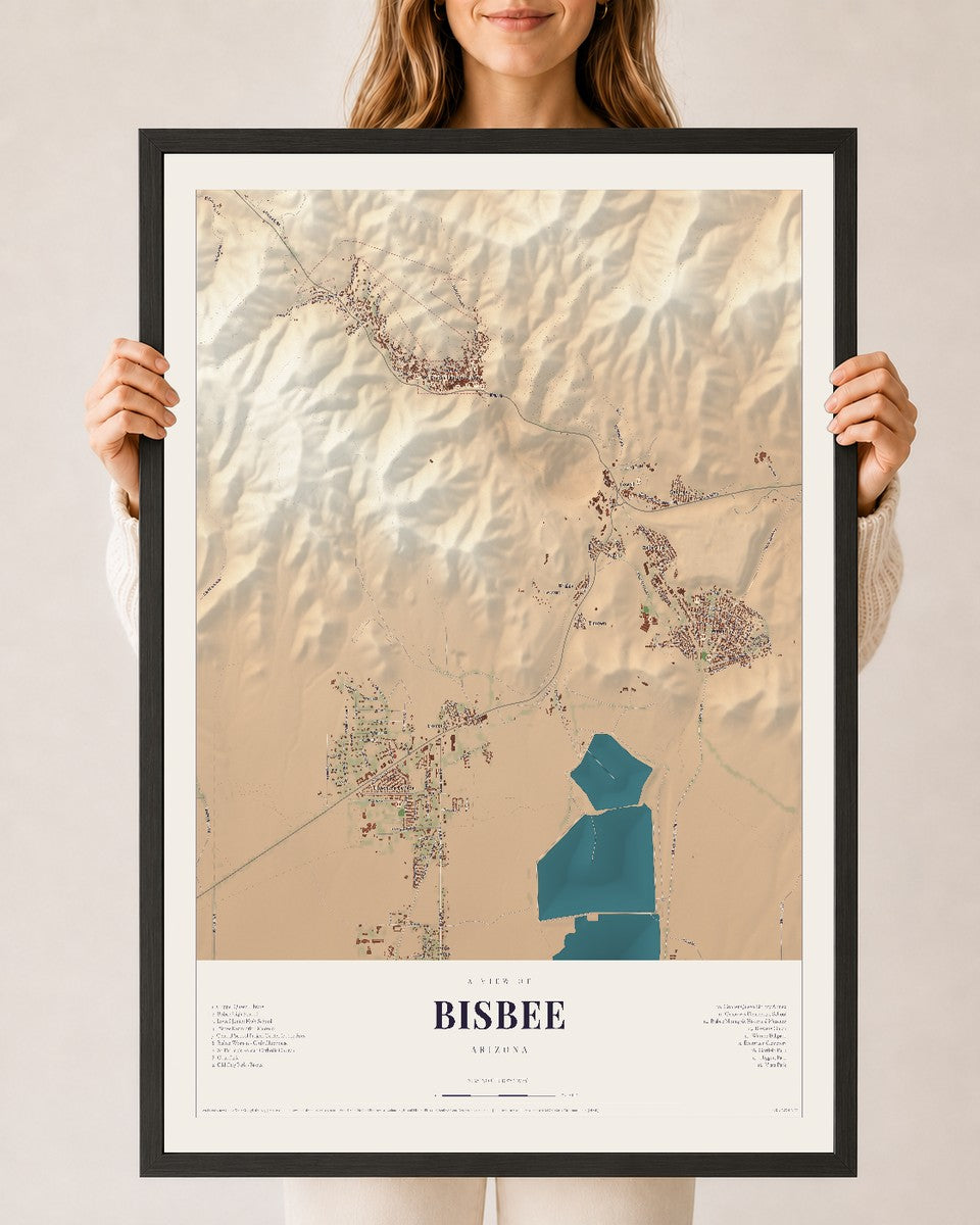 Bisbee, Arizona map print, 24" x 36", W/ Black Ayous Wood Frame