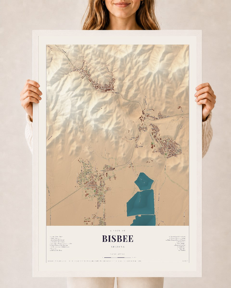 Bisbee, Arizona map print, 24" x 36", W/ White Ayous Wood Frame