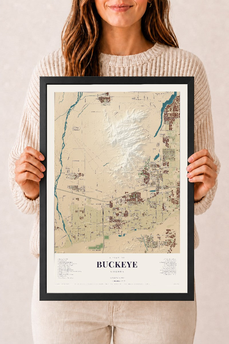 Buckeye, Arizona map print, 12" x 18", W/ Black Ayous Wood Frame