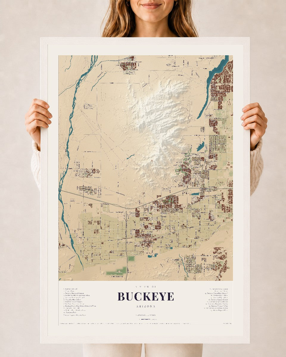 Buckeye, Arizona map print, 24" x 36", W/ White Ayous Wood Frame