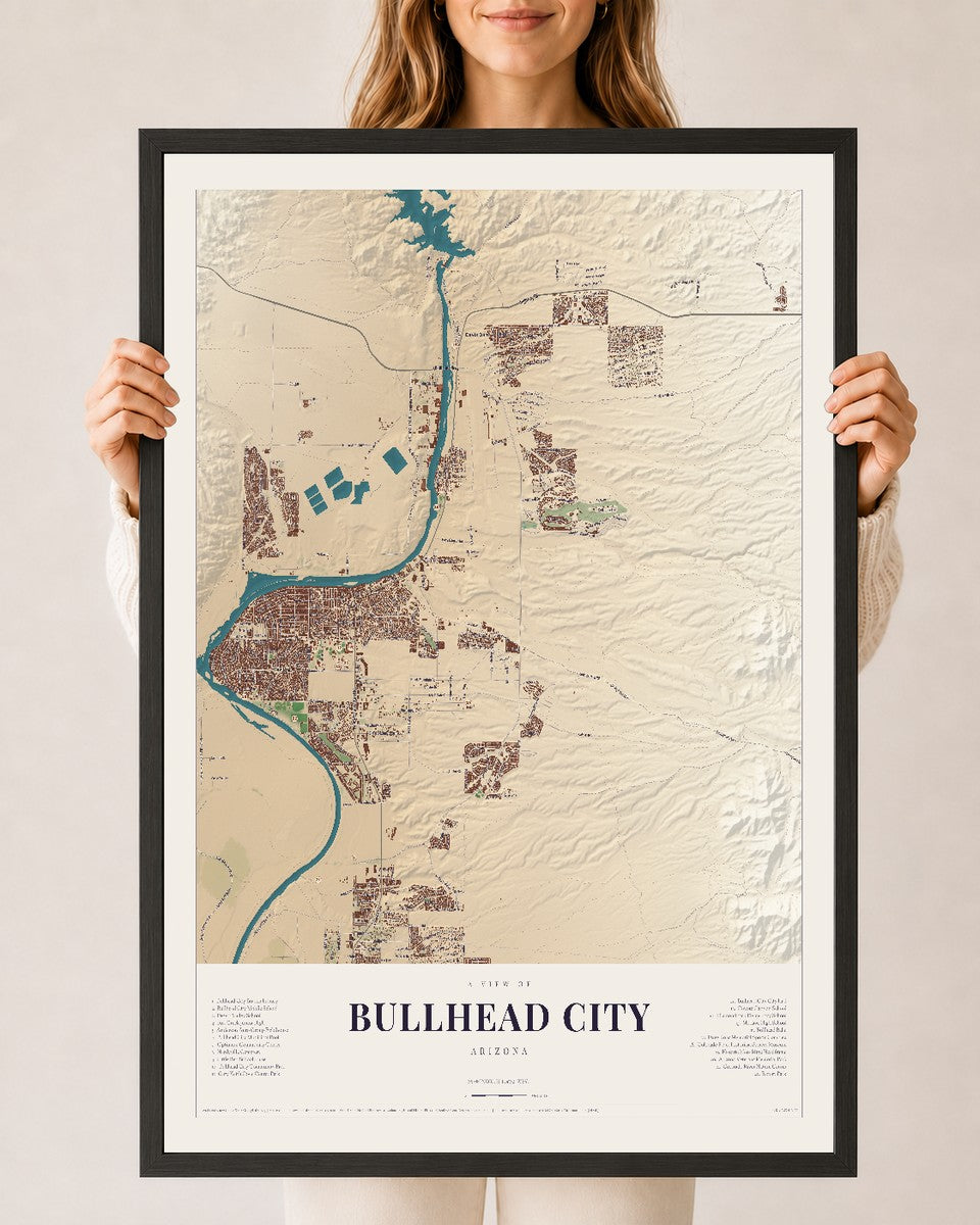 Bullhead City, Arizona map print, 24" x 36", W/ Black Ayous Wood Frame