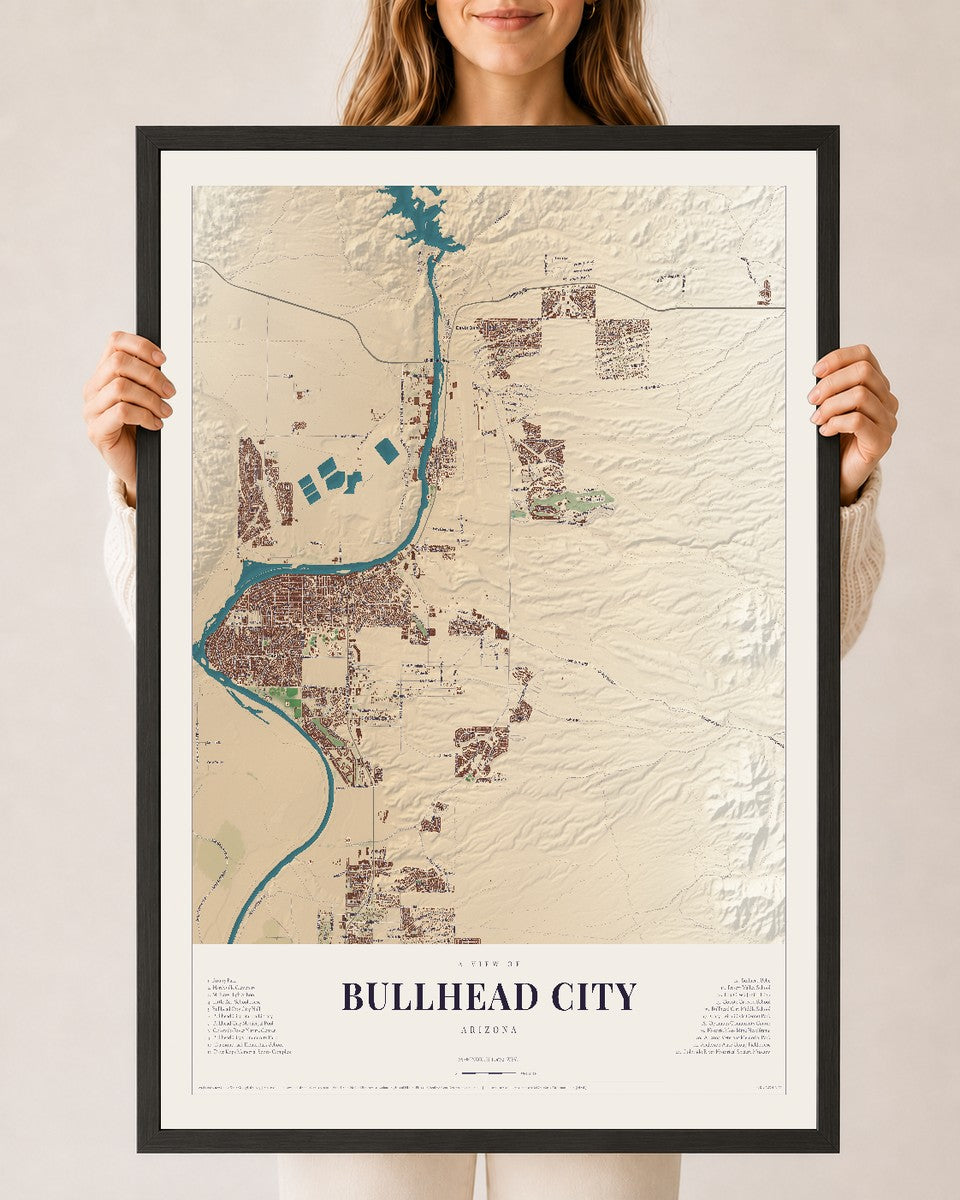 Map of Bullhead City, Arizona, 24 x 36 inch print in a black wood frame
