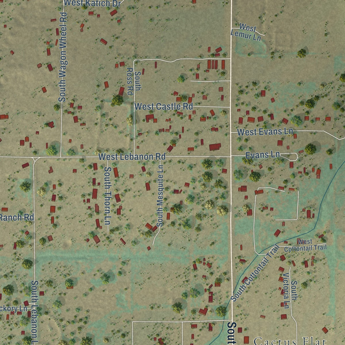 Close-up of the map of Cactus Flats, Arizona print showing street and building detail