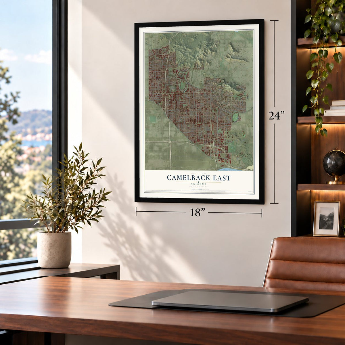 Camelback East, Arizona map, 18 x 24 inch print in a black frame in a home office