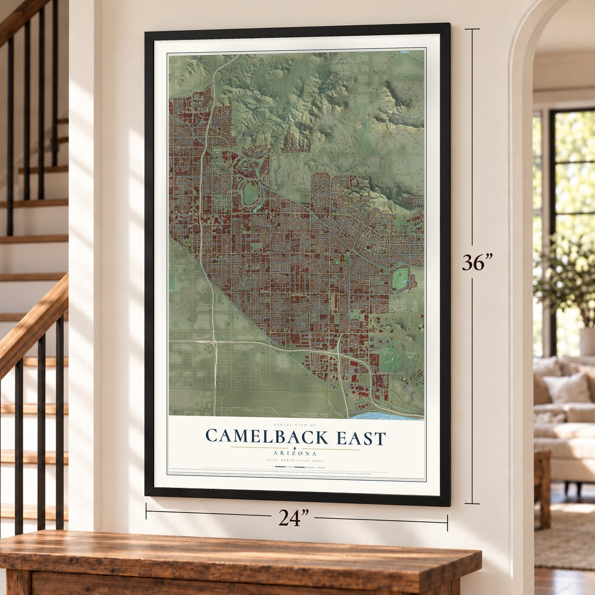 Camelback East, Arizona map, 24 x 36 inch print in a black frame by a staircase