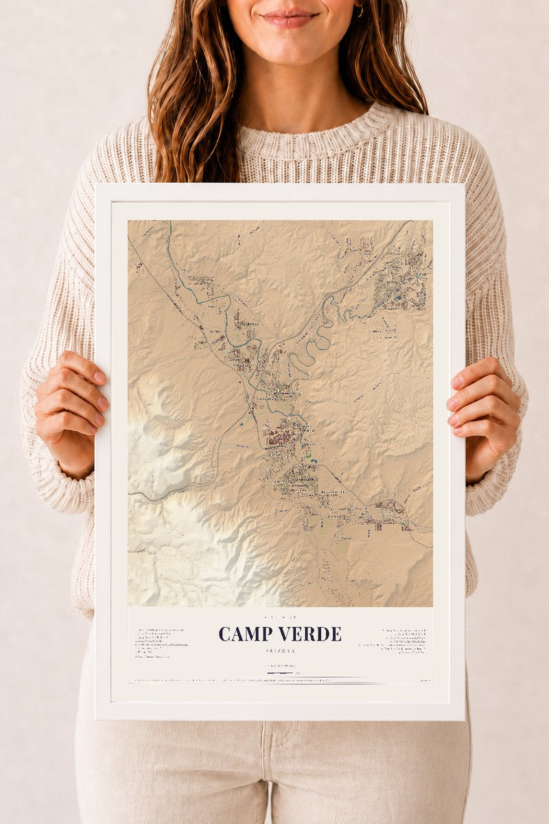 Camp Verde, Arizona map print, 12" x 18", W/ White Ayous Wood Frame