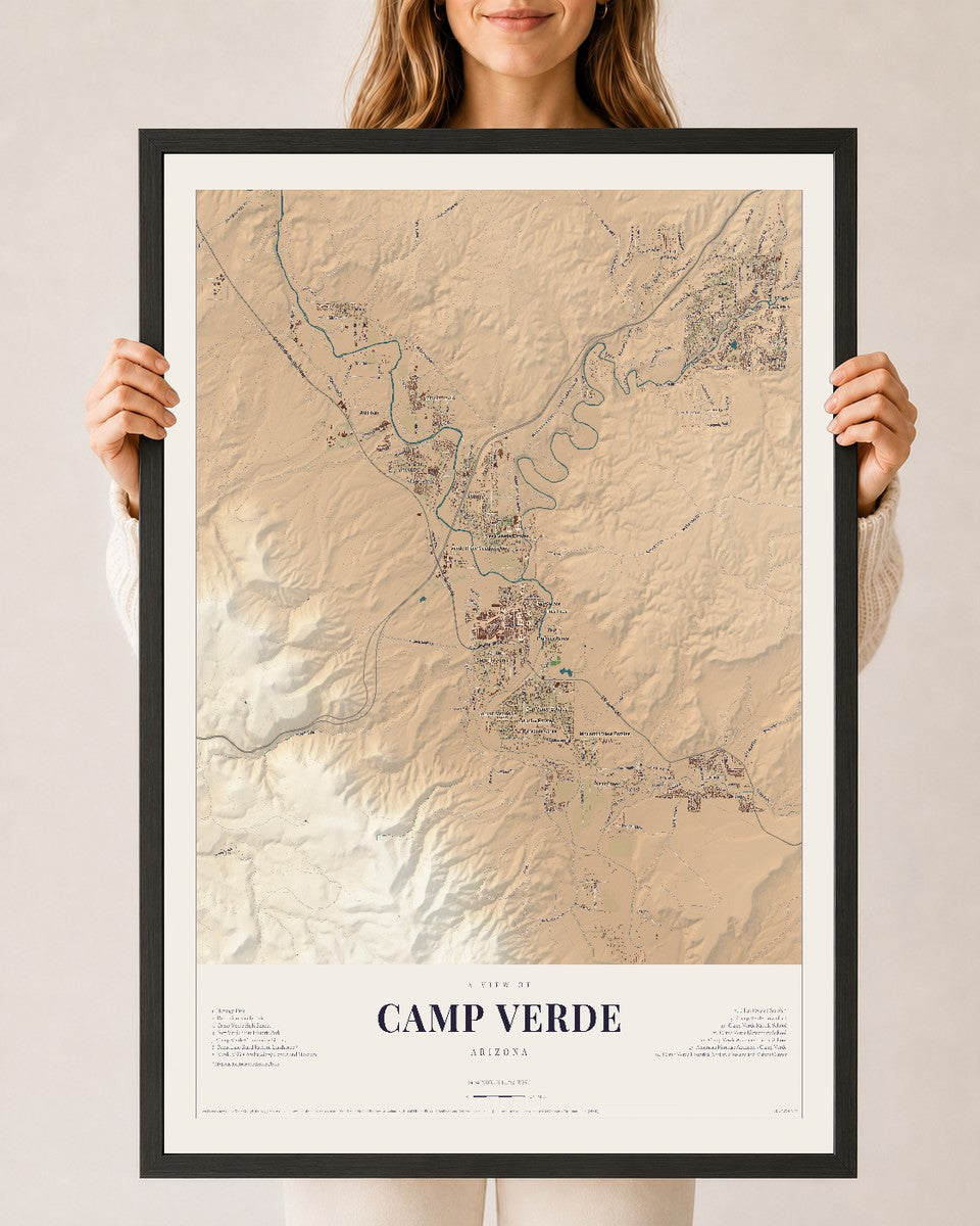 Map of Camp Verde, Arizona, 24 x 36 inch print in a black wood frame