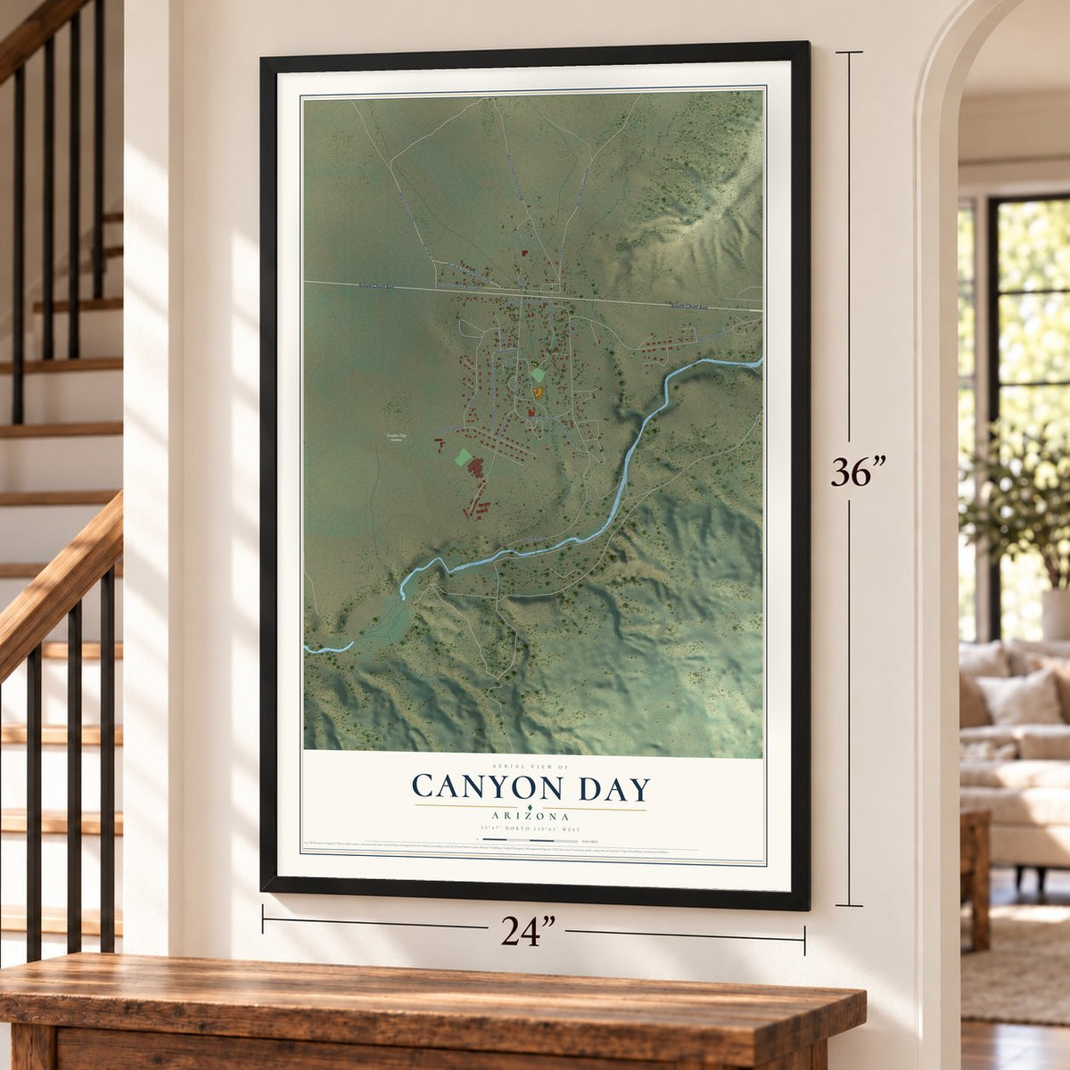 Canyon Day, Arizona map, 24 x 36 inch print in a black frame by a staircase