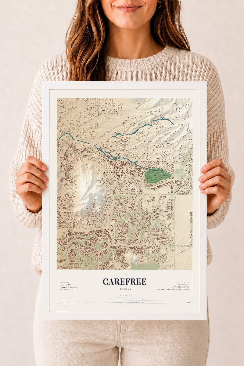 Map of Carefree, Arizona, 12 x 18 inch print in a white wood frame