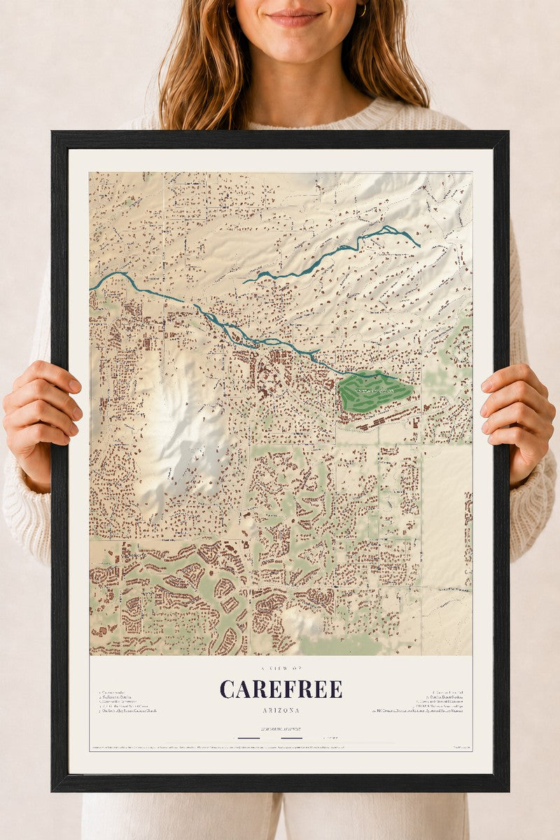 Map of Carefree, Arizona, 18 x 24 inch print in a black wood frame