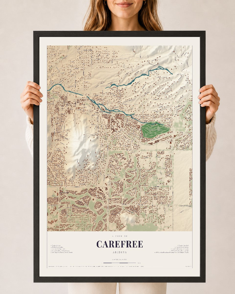 Map of Carefree, Arizona, 24 x 36 inch print in a black wood frame