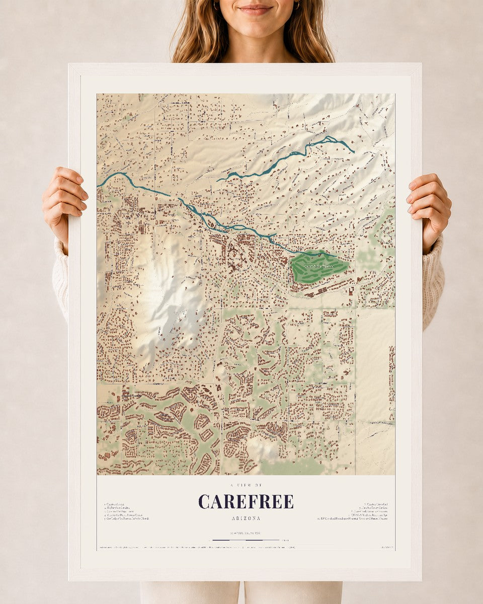Map of Carefree, Arizona, 24 x 36 inch print in a white wood frame