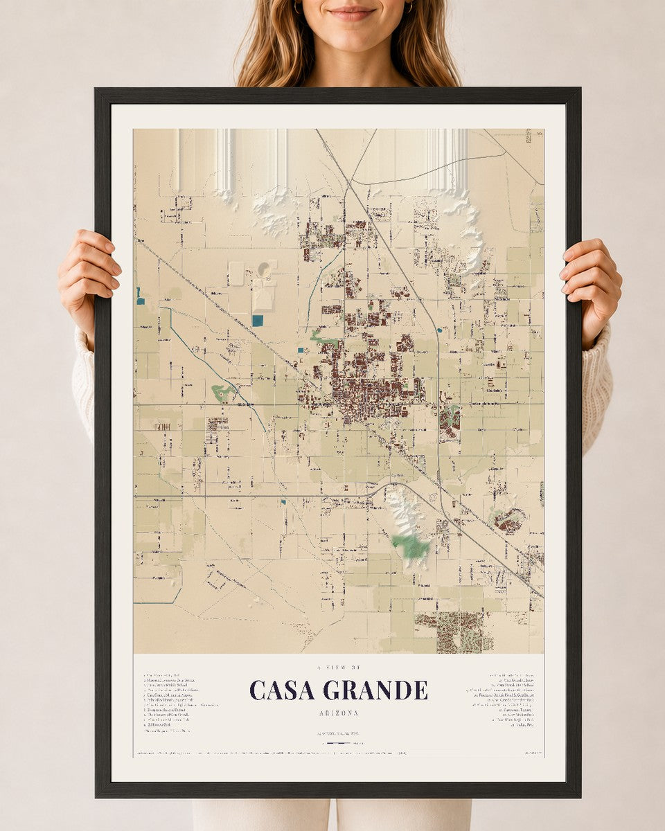 Casa Grande, Arizona map print, 24" x 36", W/ Black Ayous Wood Frame