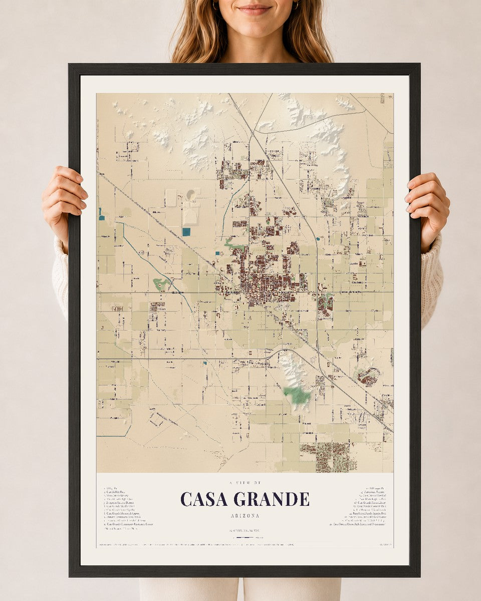 Map of Casa Grande, Arizona, 24 x 36 inch print in a black wood frame