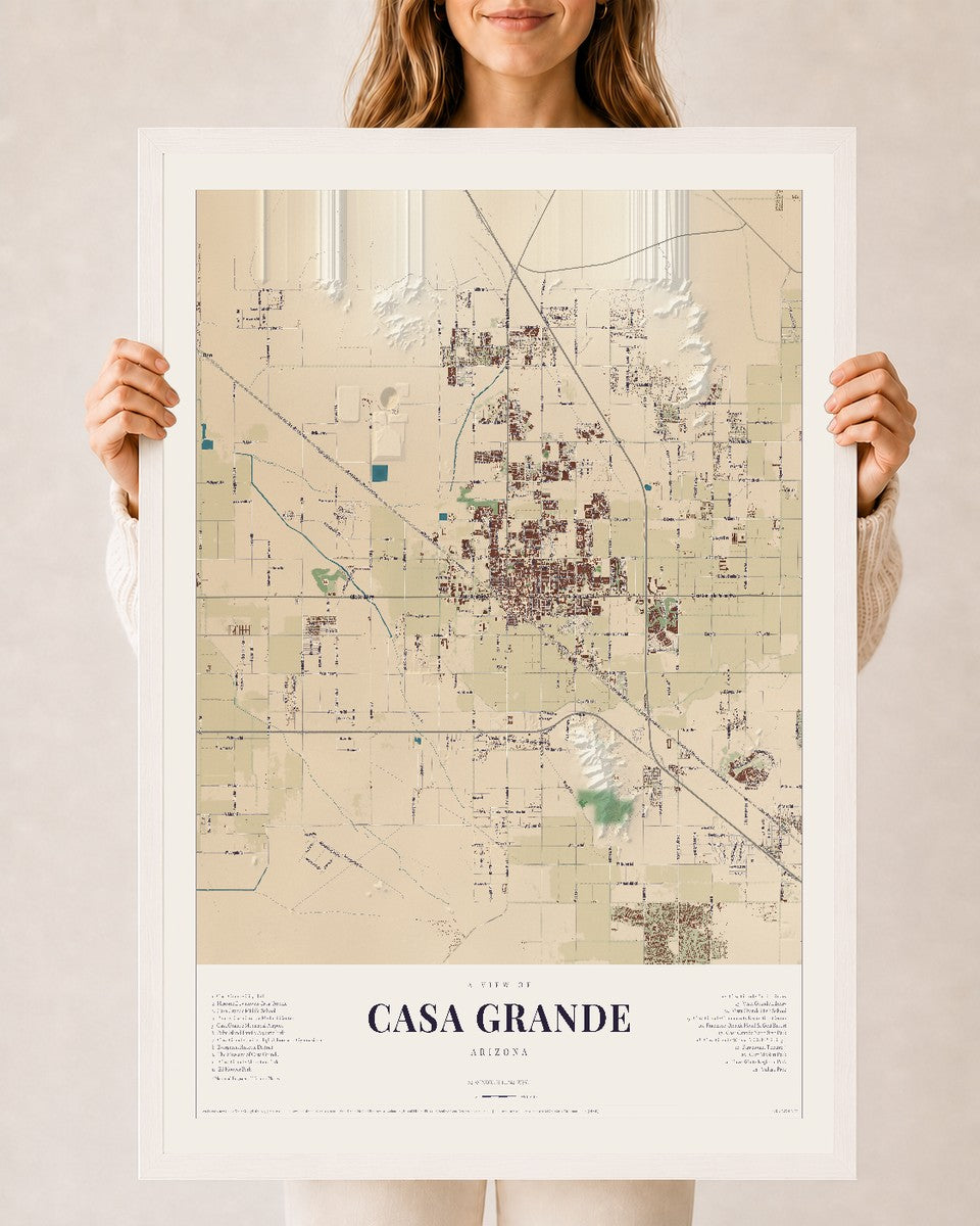 Casa Grande, Arizona map print, 24" x 36", W/ White Ayous Wood Frame