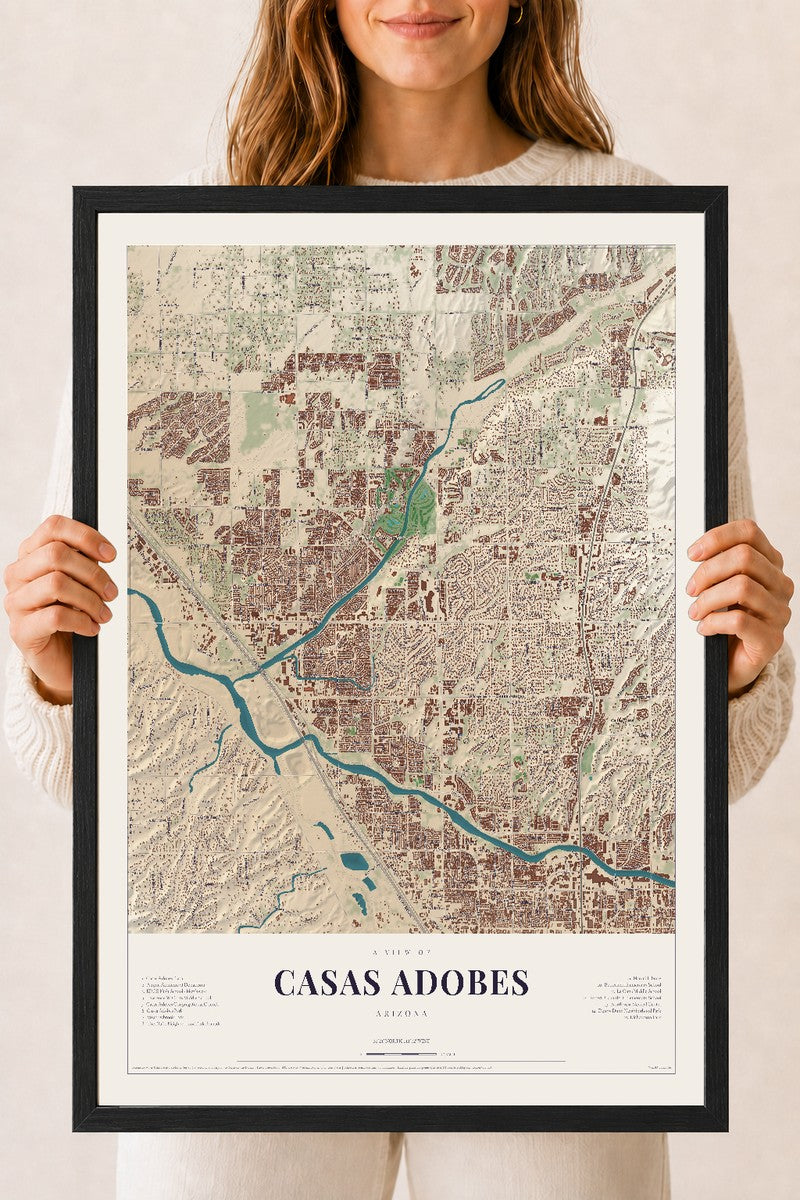 Casas Adobes, Arizona map print, 18" x 24", W/ Black Ayous Wood Frame