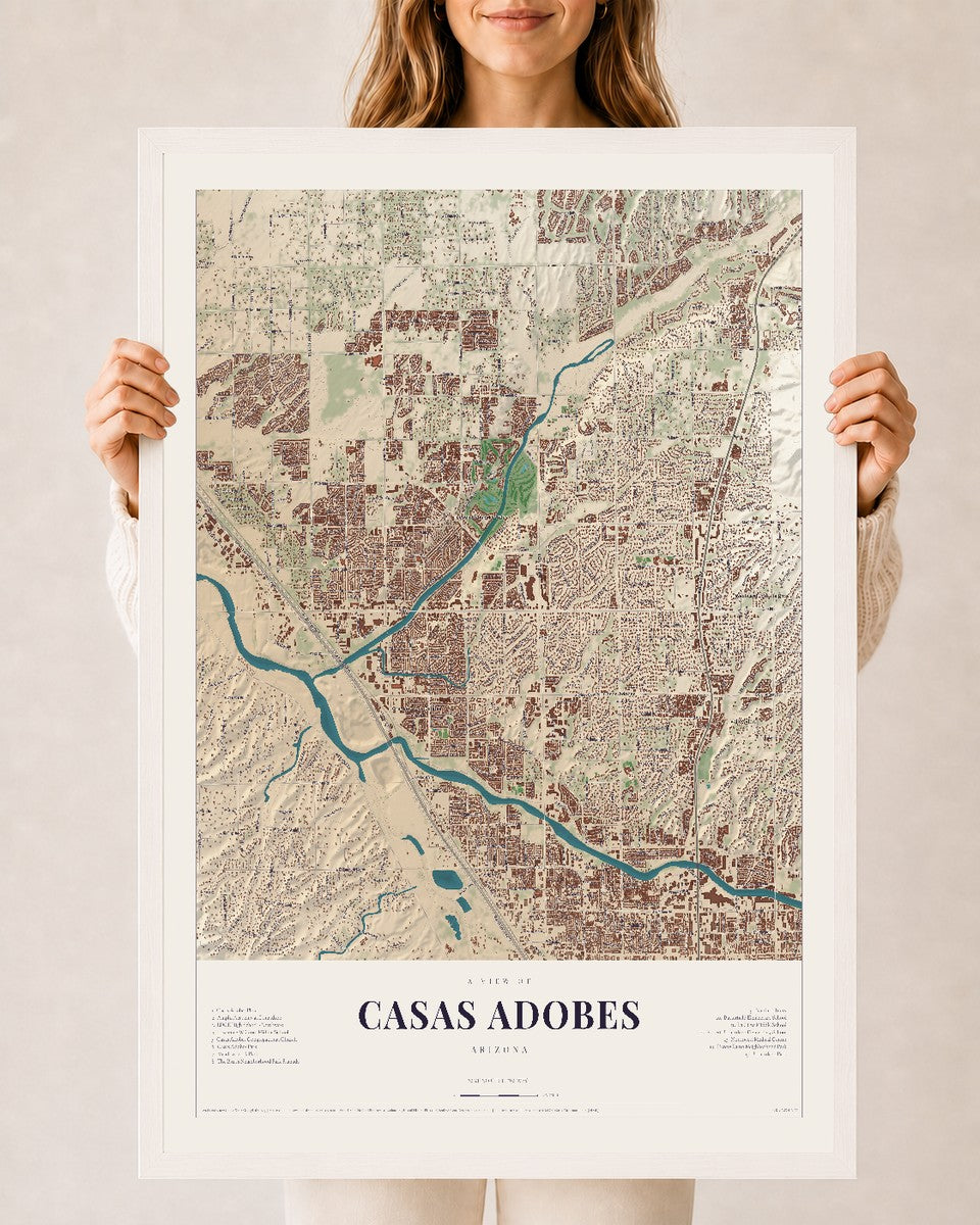 Casas Adobes, Arizona map print, 24" x 36", W/ White Ayous Wood Frame