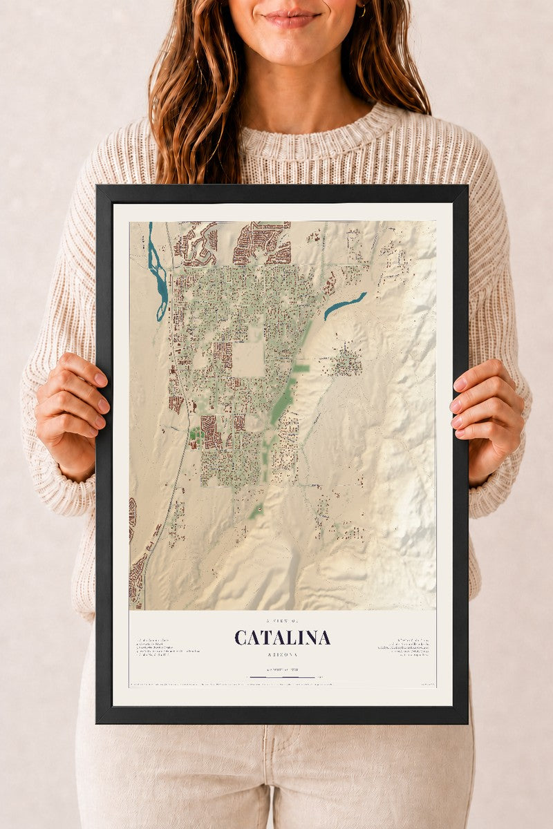 Catalina, Arizona map print, 12" x 18", W/ Black Ayous Wood Frame
