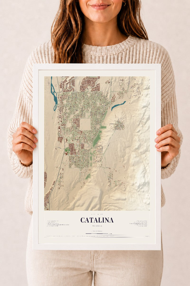 Catalina, Arizona map print, 12" x 18", W/ White Ayous Wood Frame