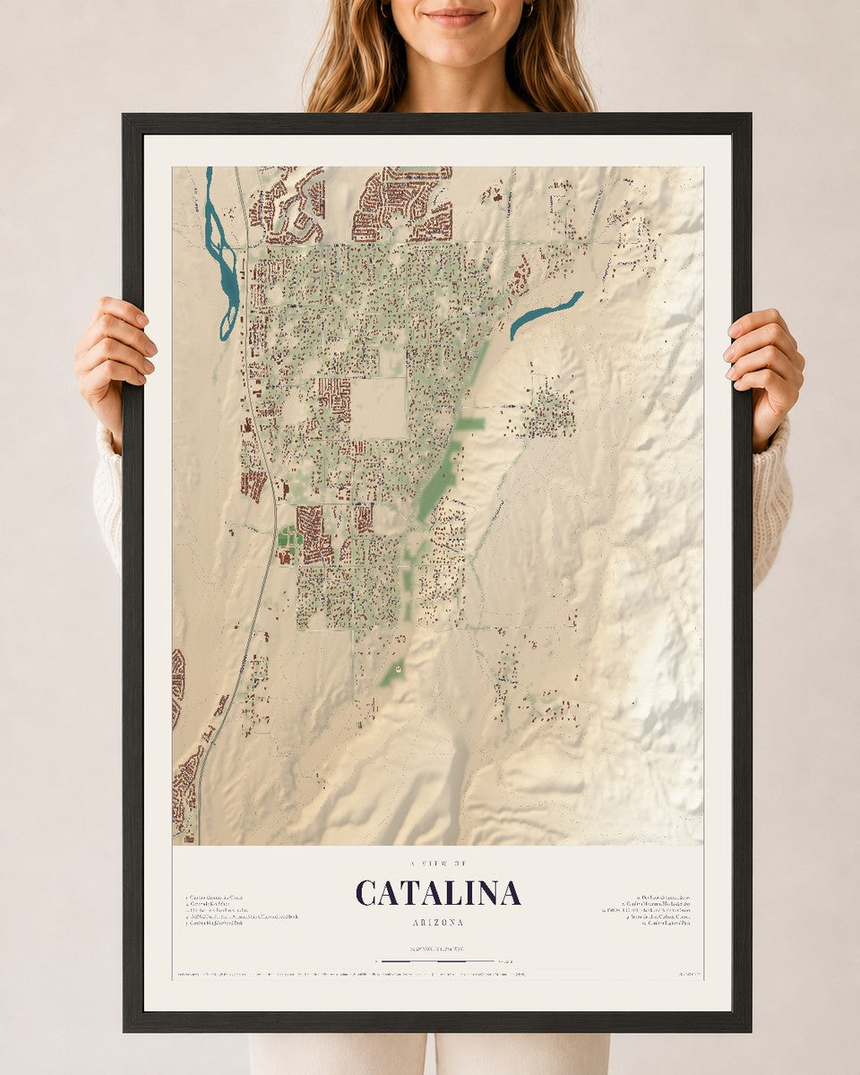 Catalina, Arizona map print, 24" x 36", W/ Black Ayous Wood Frame